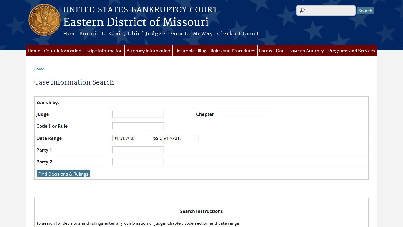 Case Information Search - United States Bankruptcy Court